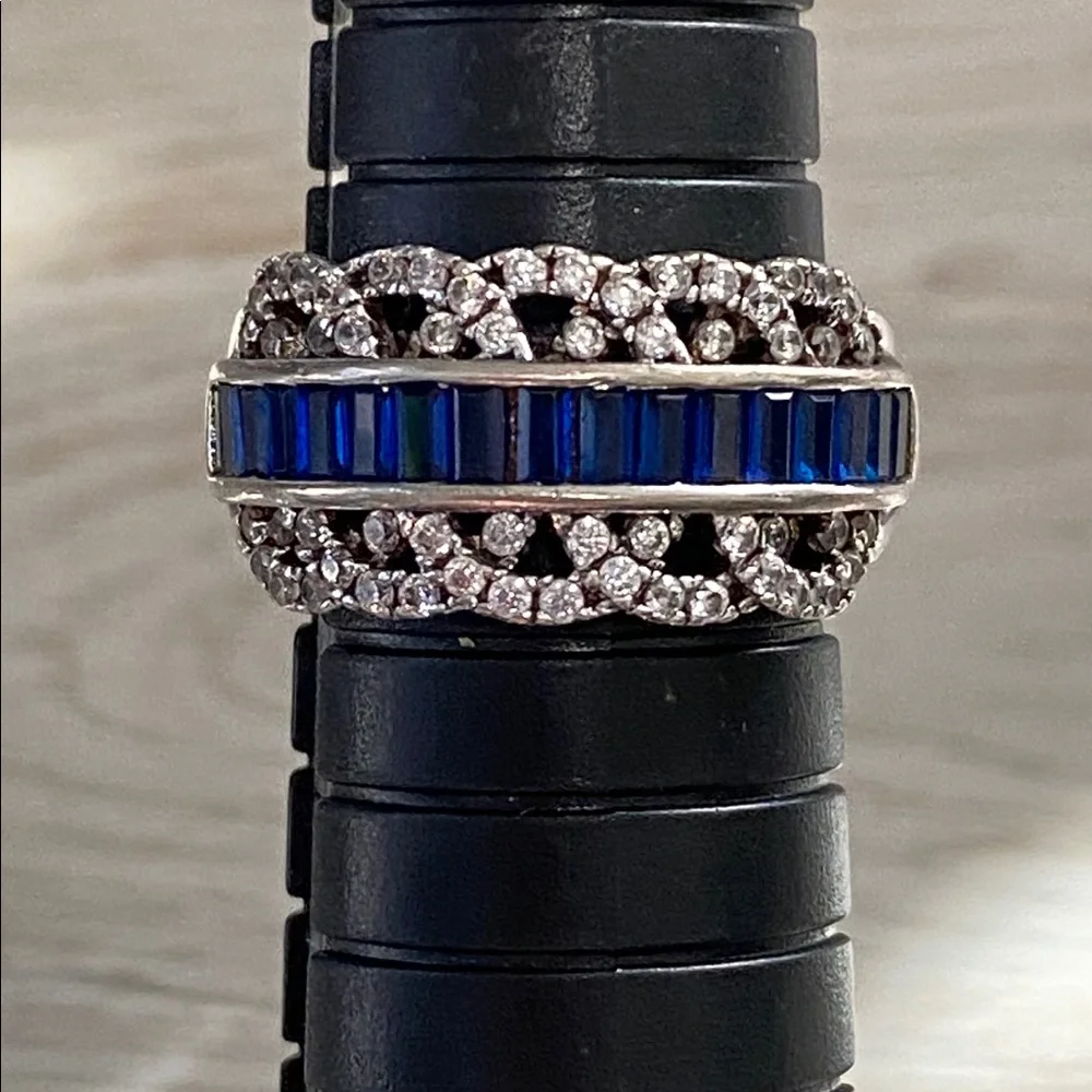 18K White Gold Plated Lab Blue Sapphire & 1/4 TCW Diamond Filigree Ring Sz 7